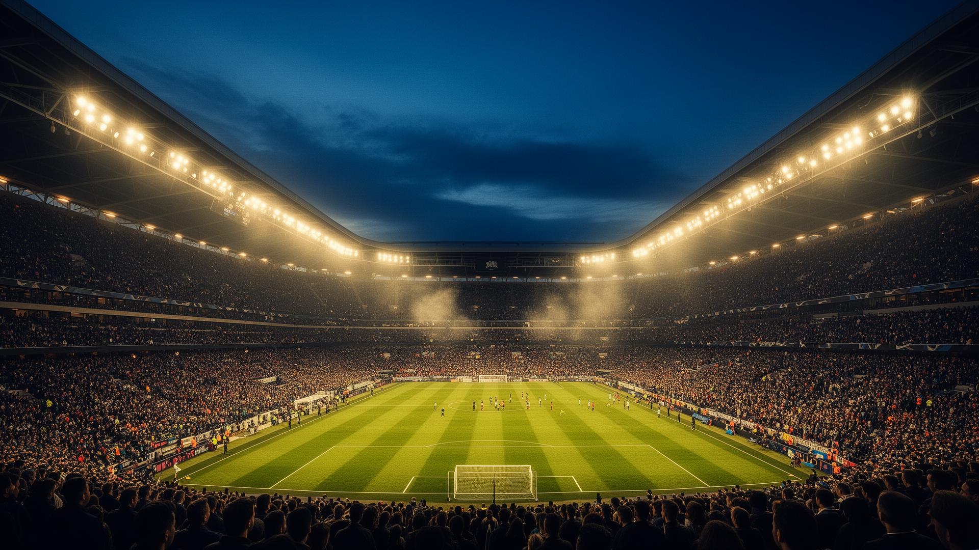 Estádio de futebol lotado ao entardecer